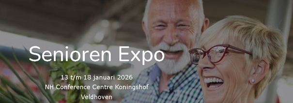 twee mensen die lachen met tekst Senioren Expo