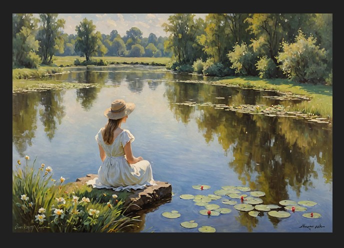 dame aan meer in stijl van Monet