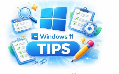 tekst Windows tips met er omheen  een loep, pen, notitiemap, telefoon 