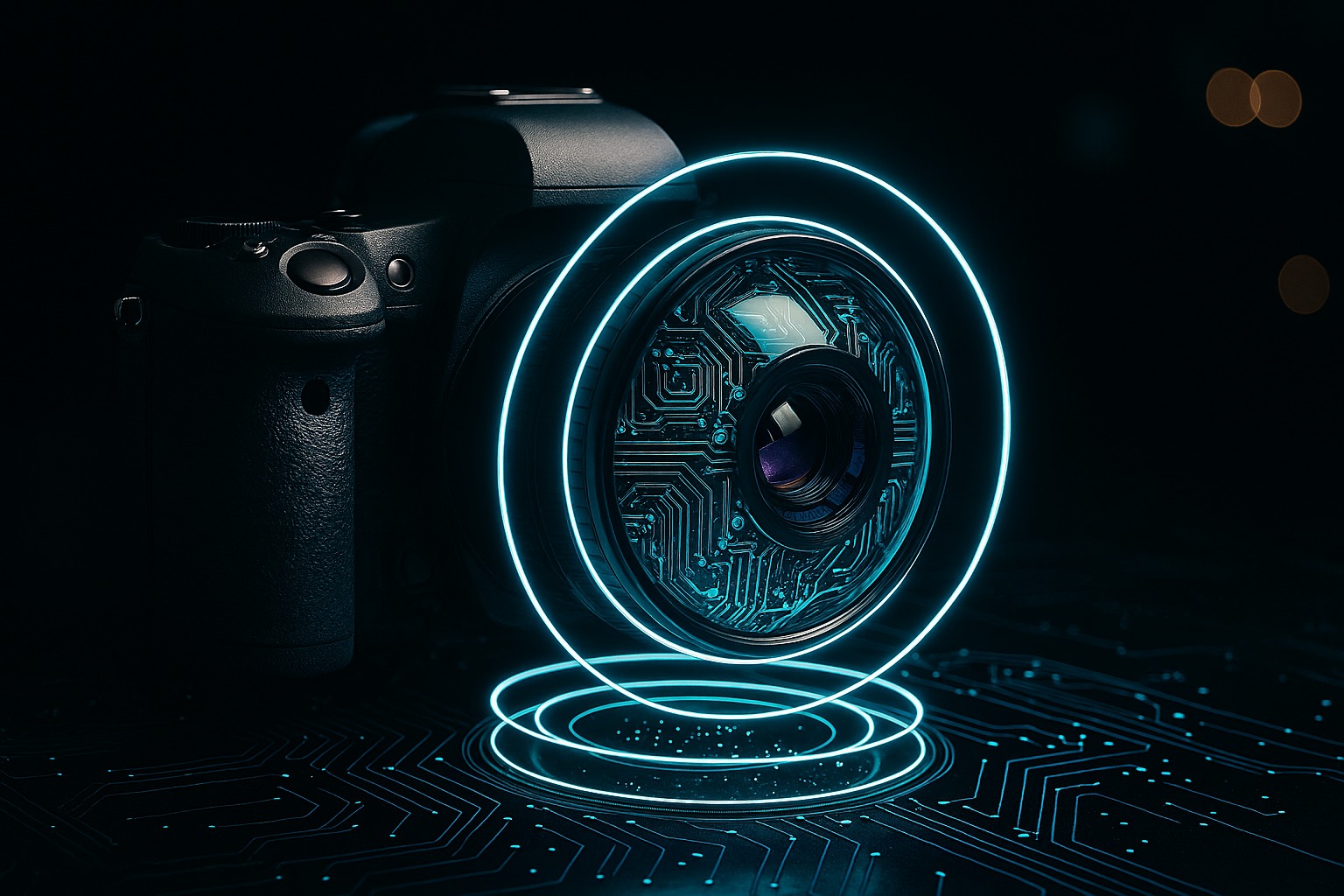 een fotolens omgeven en staand op blauwe ringen