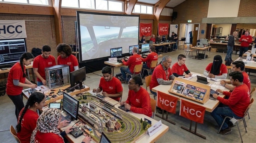 een zaal met enkele groepjes mensen die aan een computerhobby werken