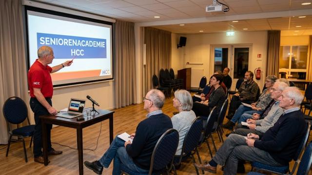 een groepje mensen kijkt naar een presentator voor een scherm