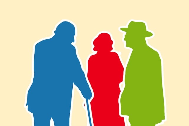 contouren van 2 mannen en een vrouw in blauw geel groen, senioren