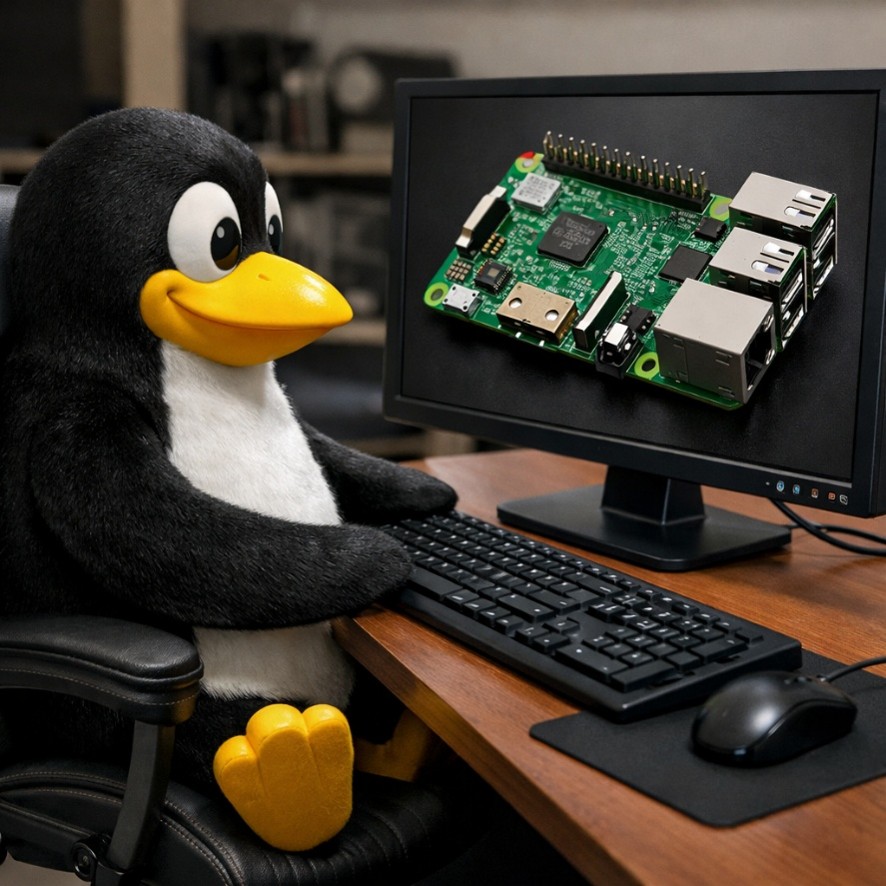 tux aan toetsenbord met op scherm een sbc