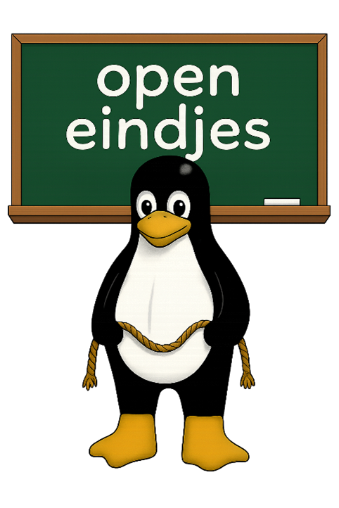 Tux voor een schoolbord waarop staat Open eindjes