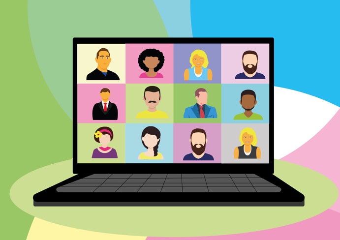laptop met verschillende personen getekend op het scherm